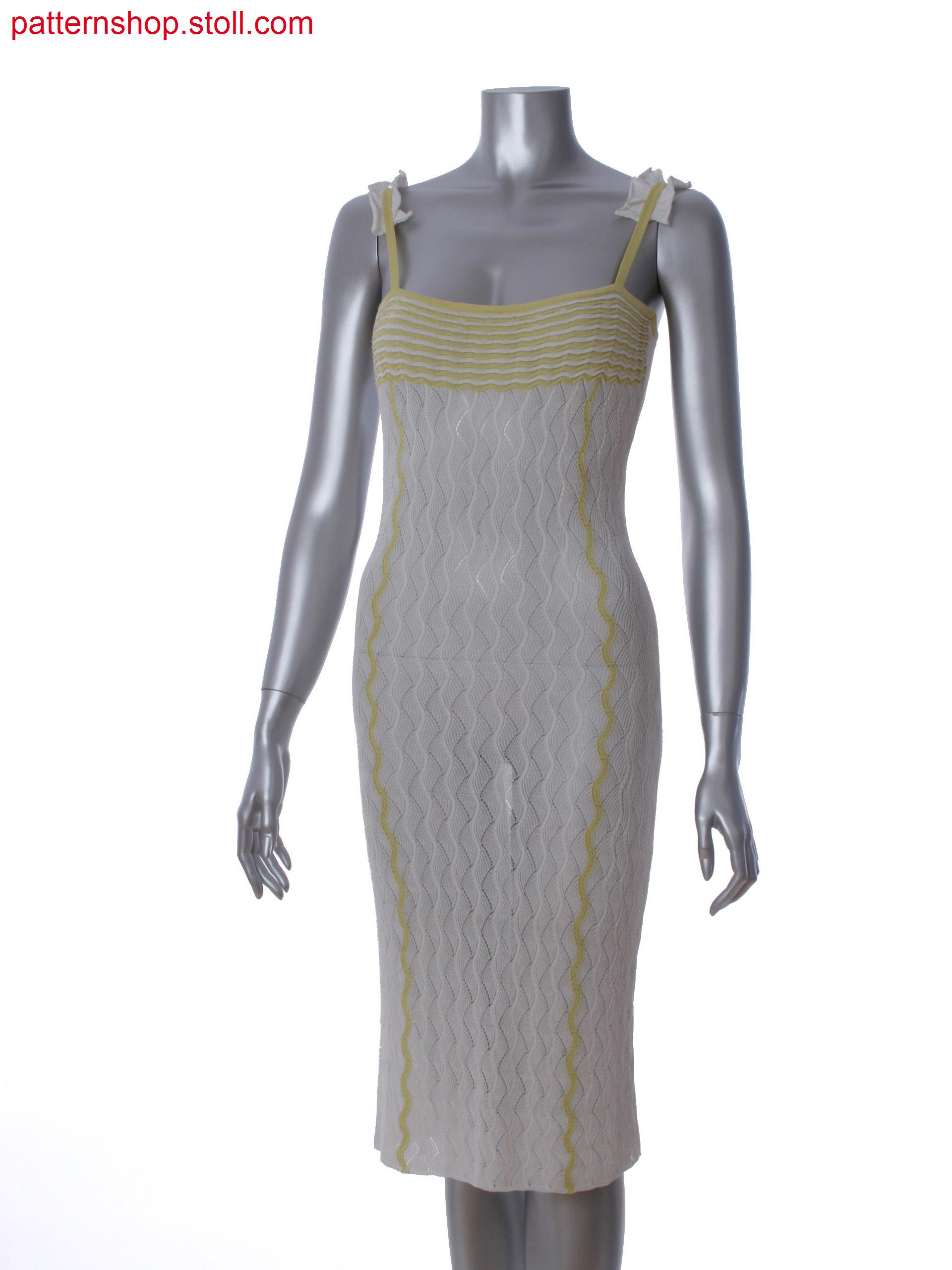 Fully Fashion 2-color intarsia dress with half cardigan structure, pointelle, cable and stripes with ripple structure