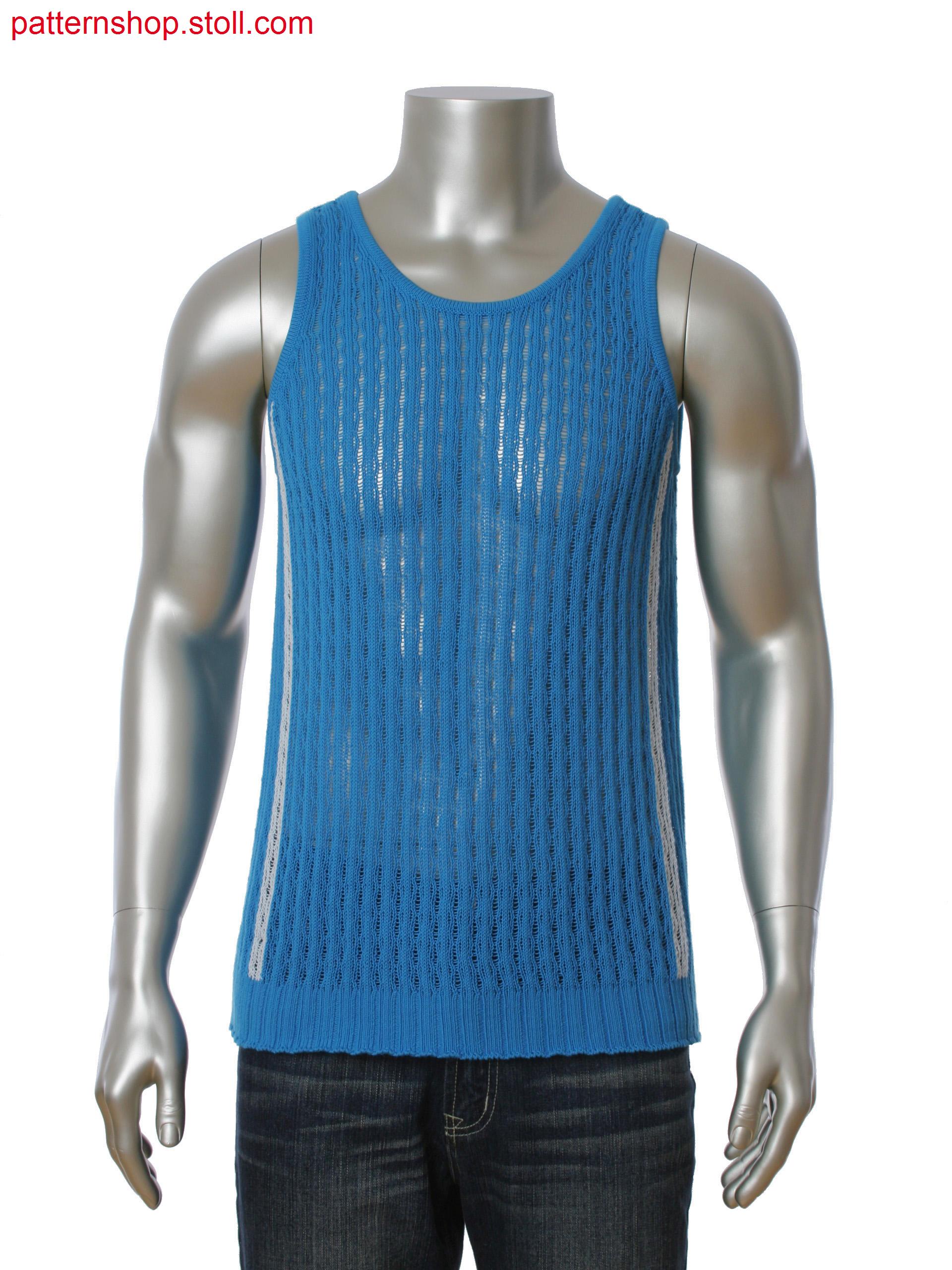 Fully Fashion 2-color intarsia tank-top. Open work pattern with floats.