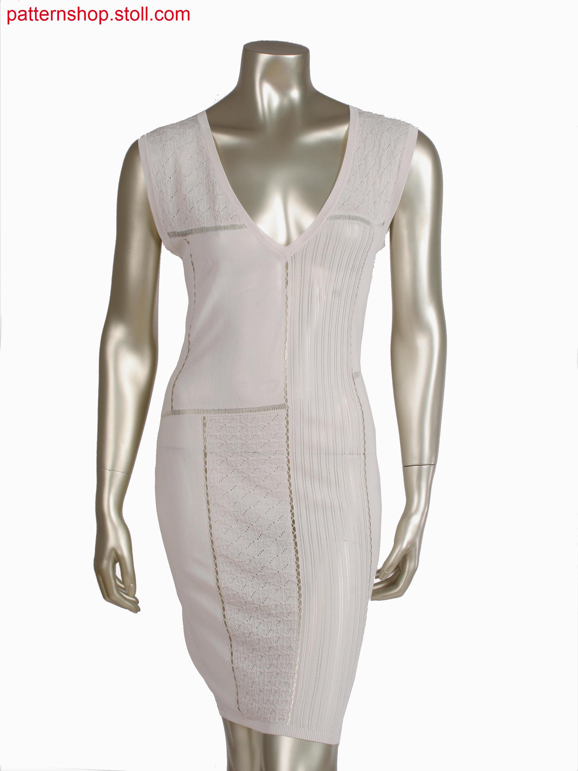 Fully Fashion dress in intarsia technique, connected patches by floats and extended loops