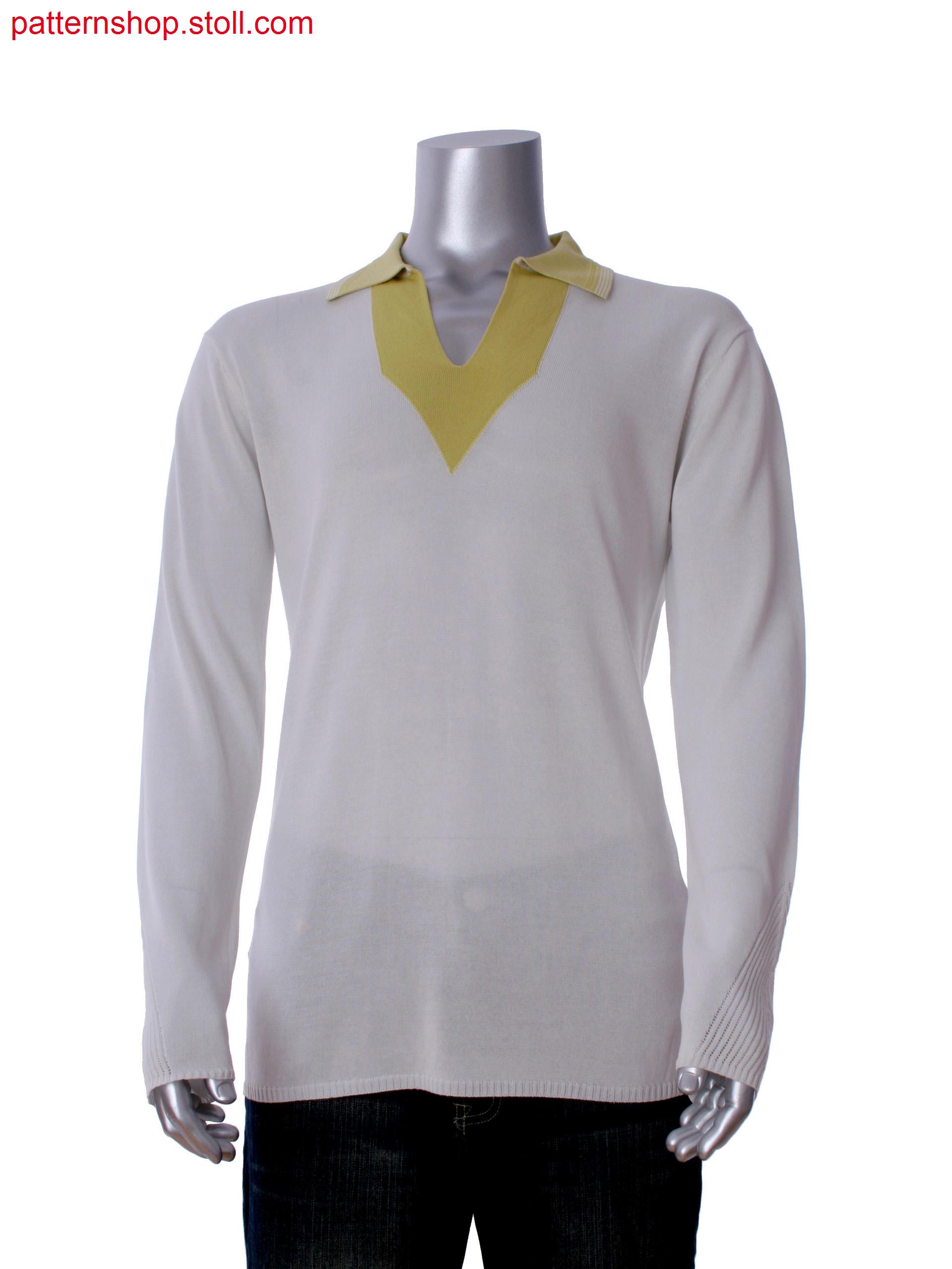 Fully Fashion 2-color  intarsia  T-shirt with pointelle on collar and sleeve