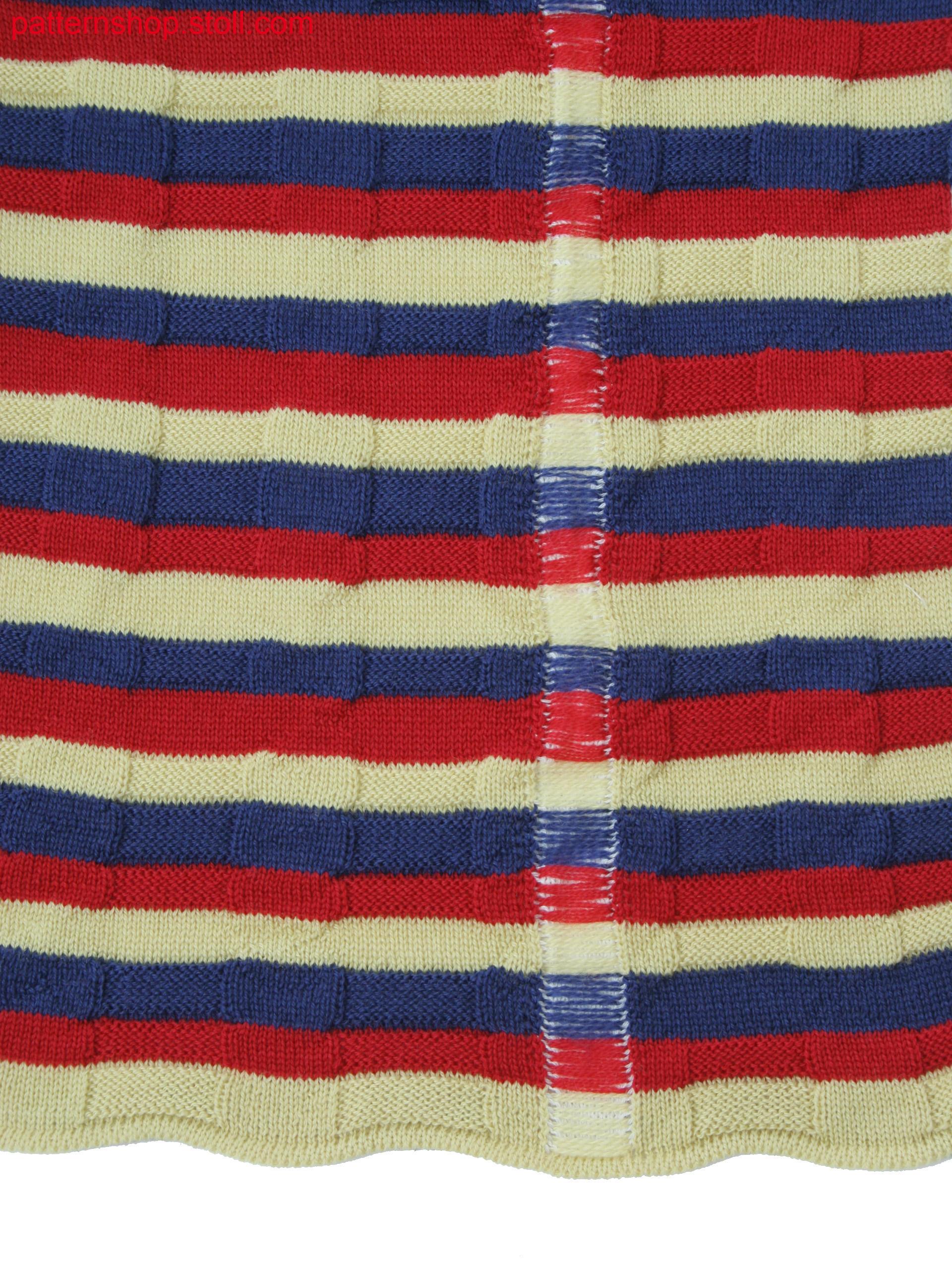 Knitted pattern in 3-color stripes with front & back jersey and a vertical intarsia stripe behind floats