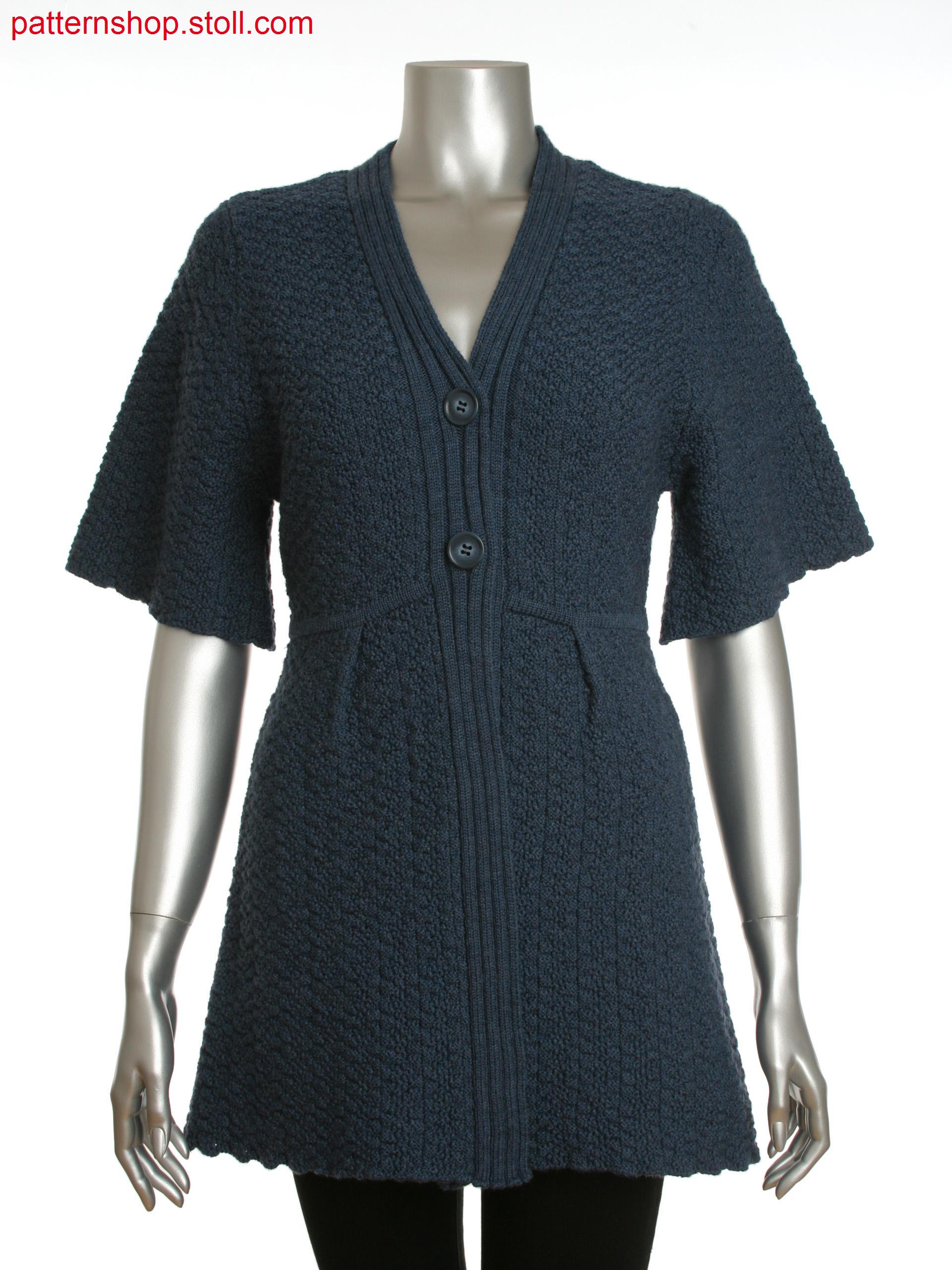 Fully Fashion women's buttoned long cardigan with wide, short sleeves and pleated details