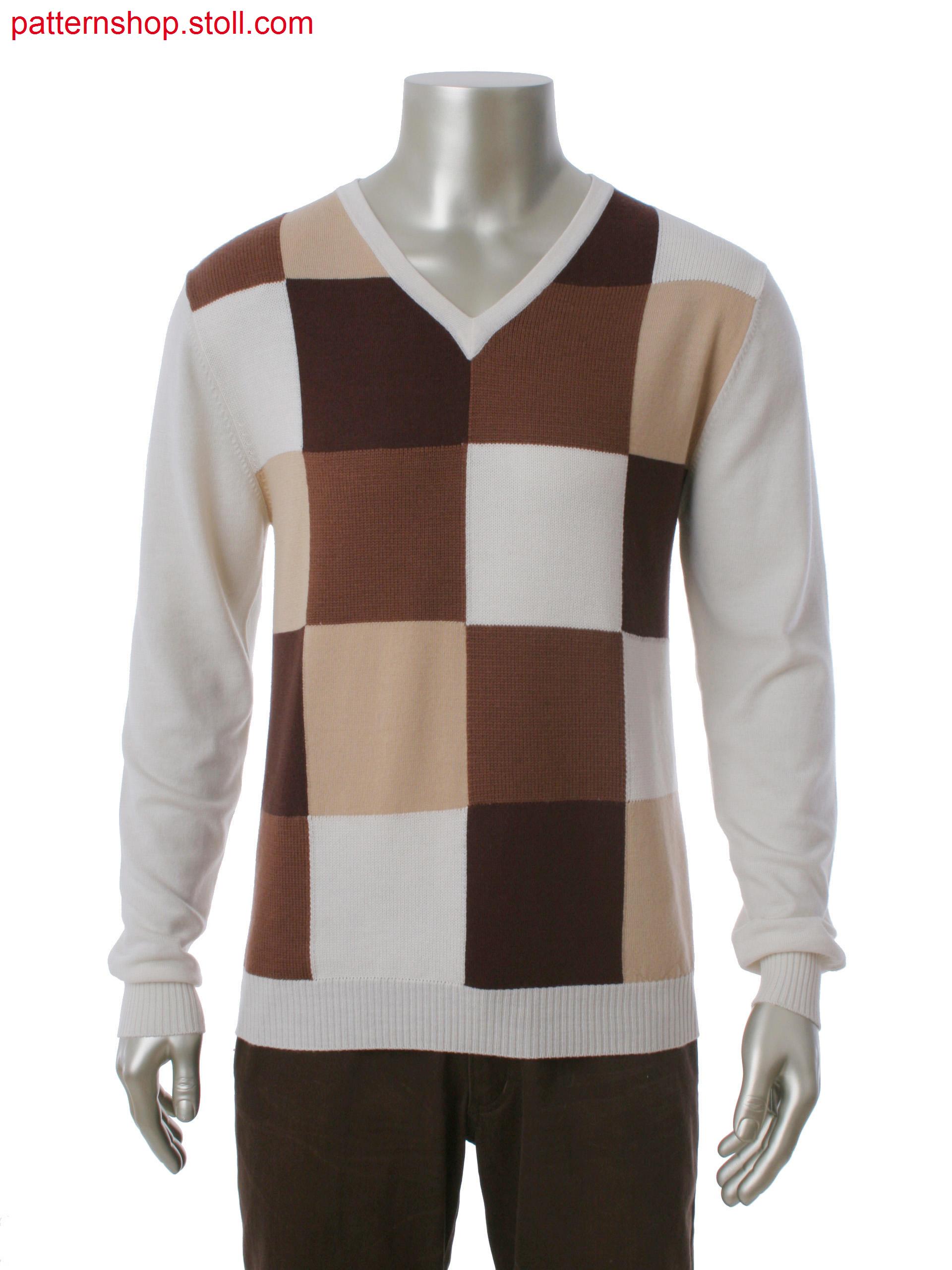 Fully Fashion V-neck pullover in 4-color intarsia