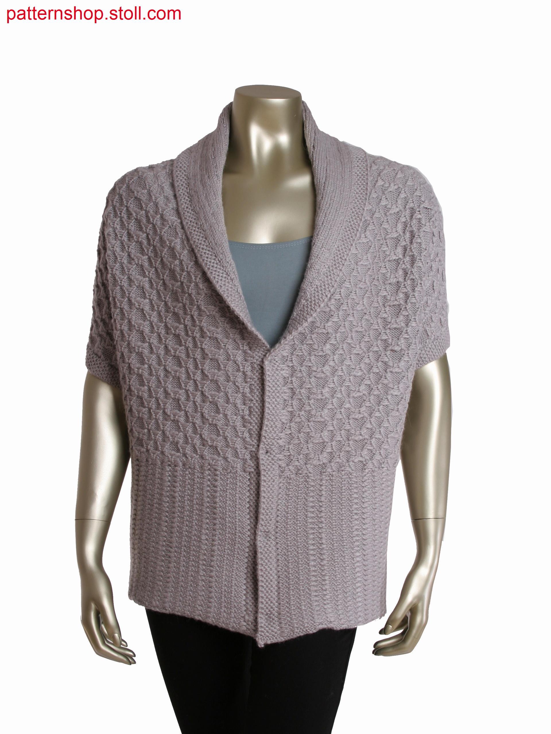 Panel shaped reversible coat in 1x1 technique, with integrated pockets and float-tuck structure