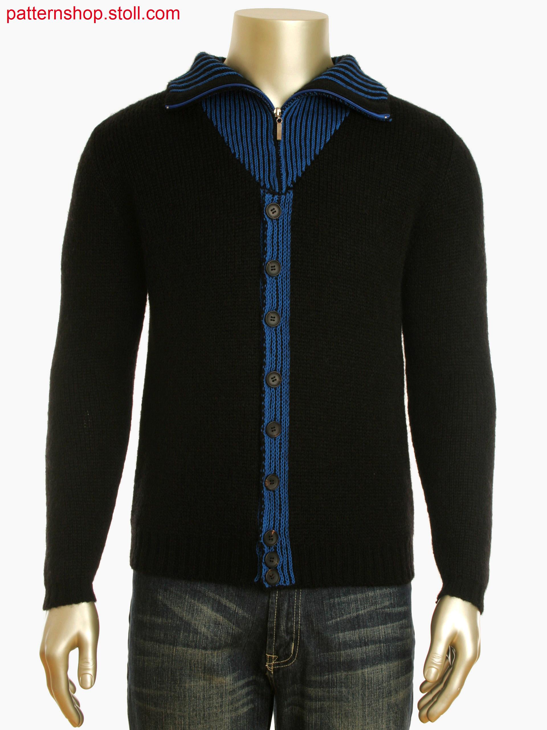 Fully Fashion 2-color half milano cardigan with intarsia elbow patches and intarsia button panel