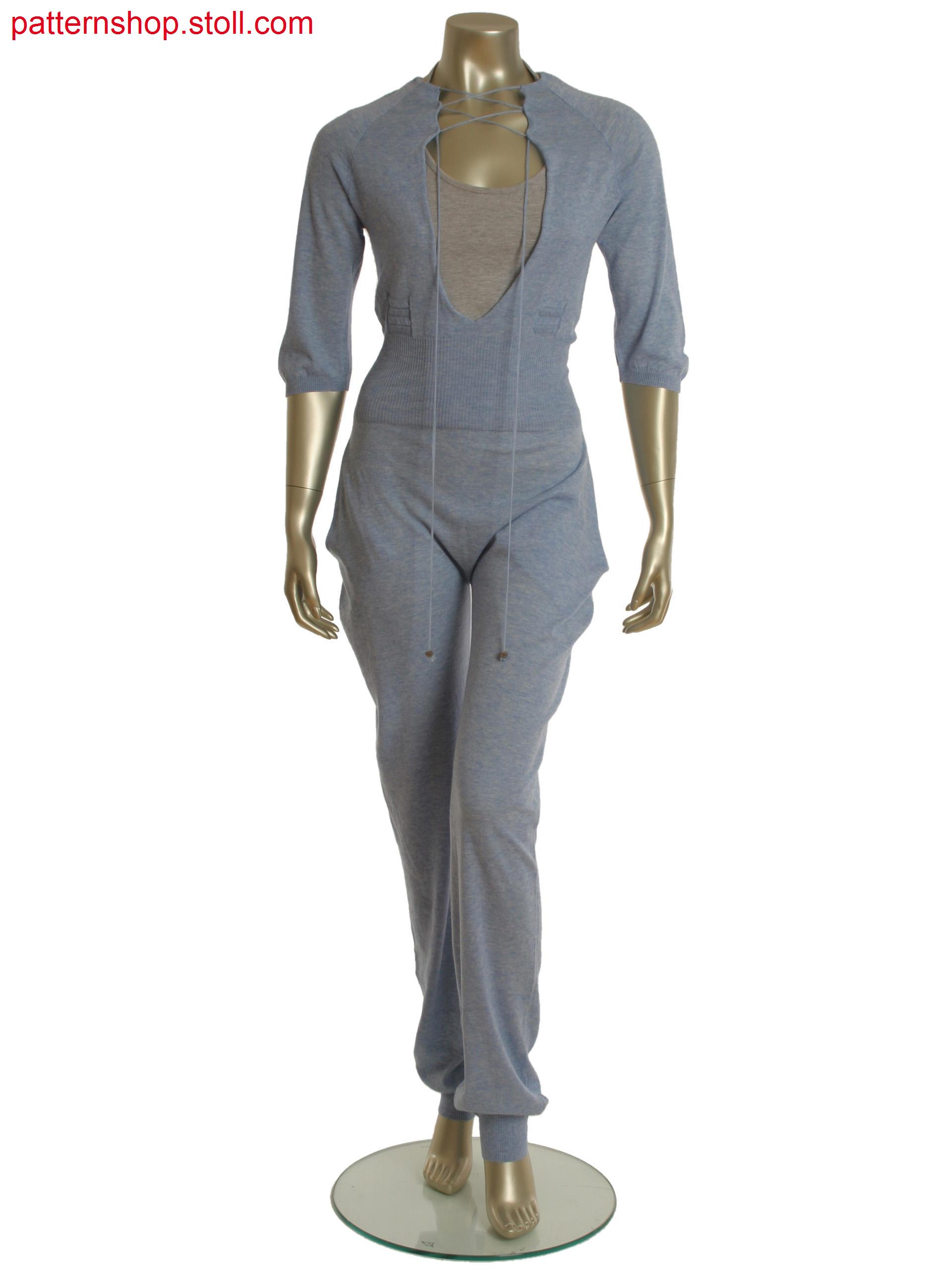 Fully Fashion catsuit with diagonal floating, integrated pocket and sleeve in gore technique.